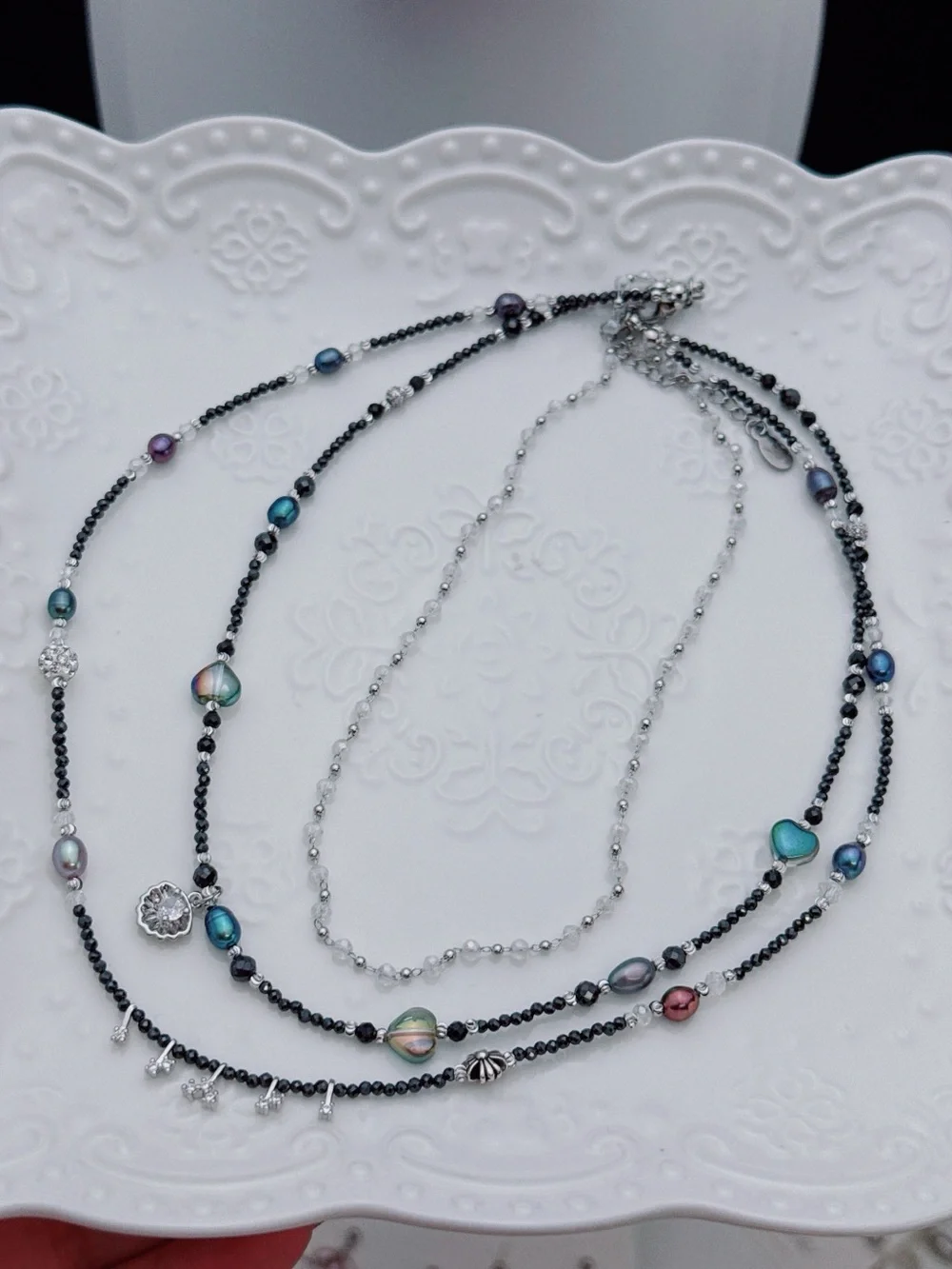26X519 Handmade Freshwater Pearl Black Spinel Triple Layer Dainty Necklace 16+2”